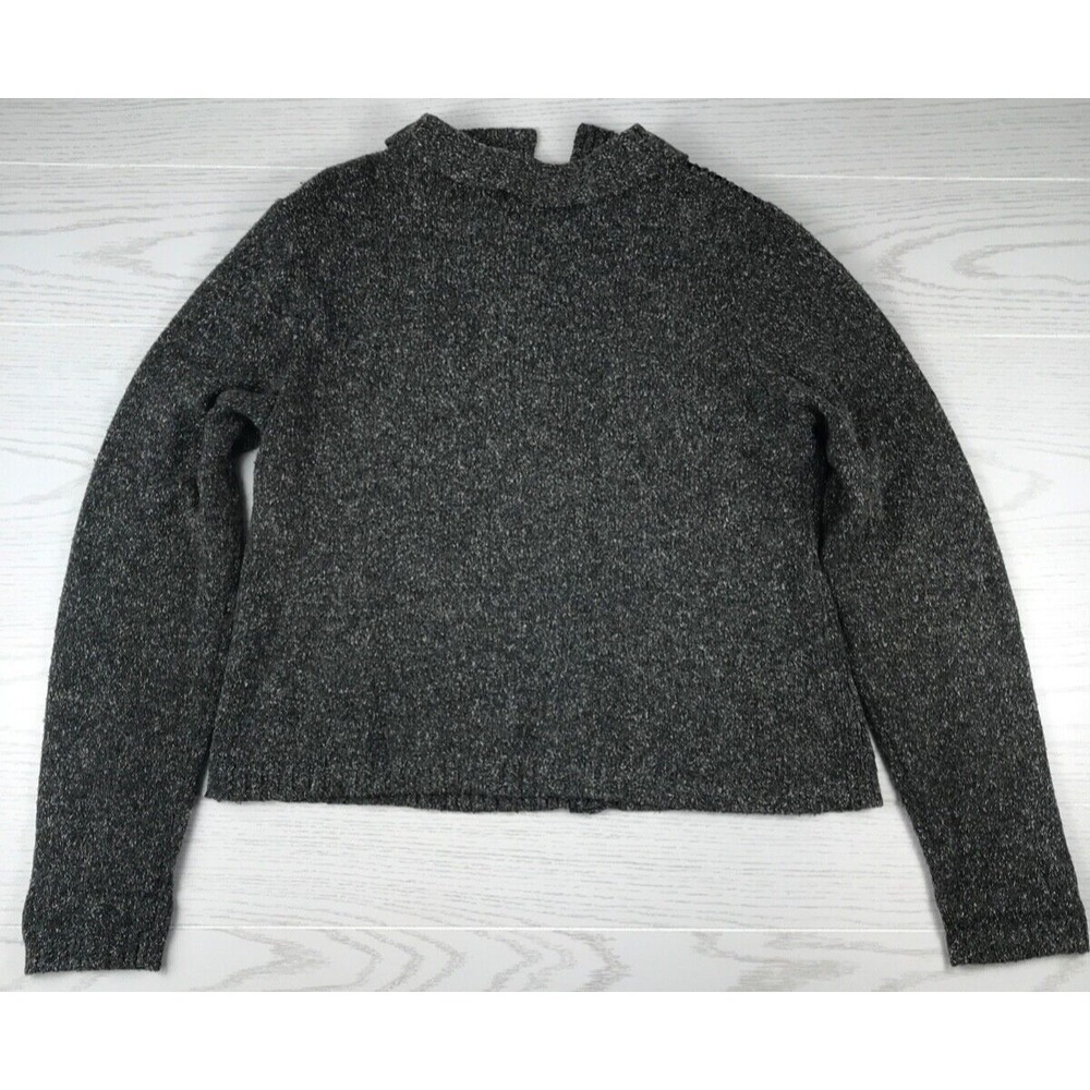 Vintage Paul Harris Design Sweater Womens L Gray Black Leather Trim Button Up - Picture 2 of 11